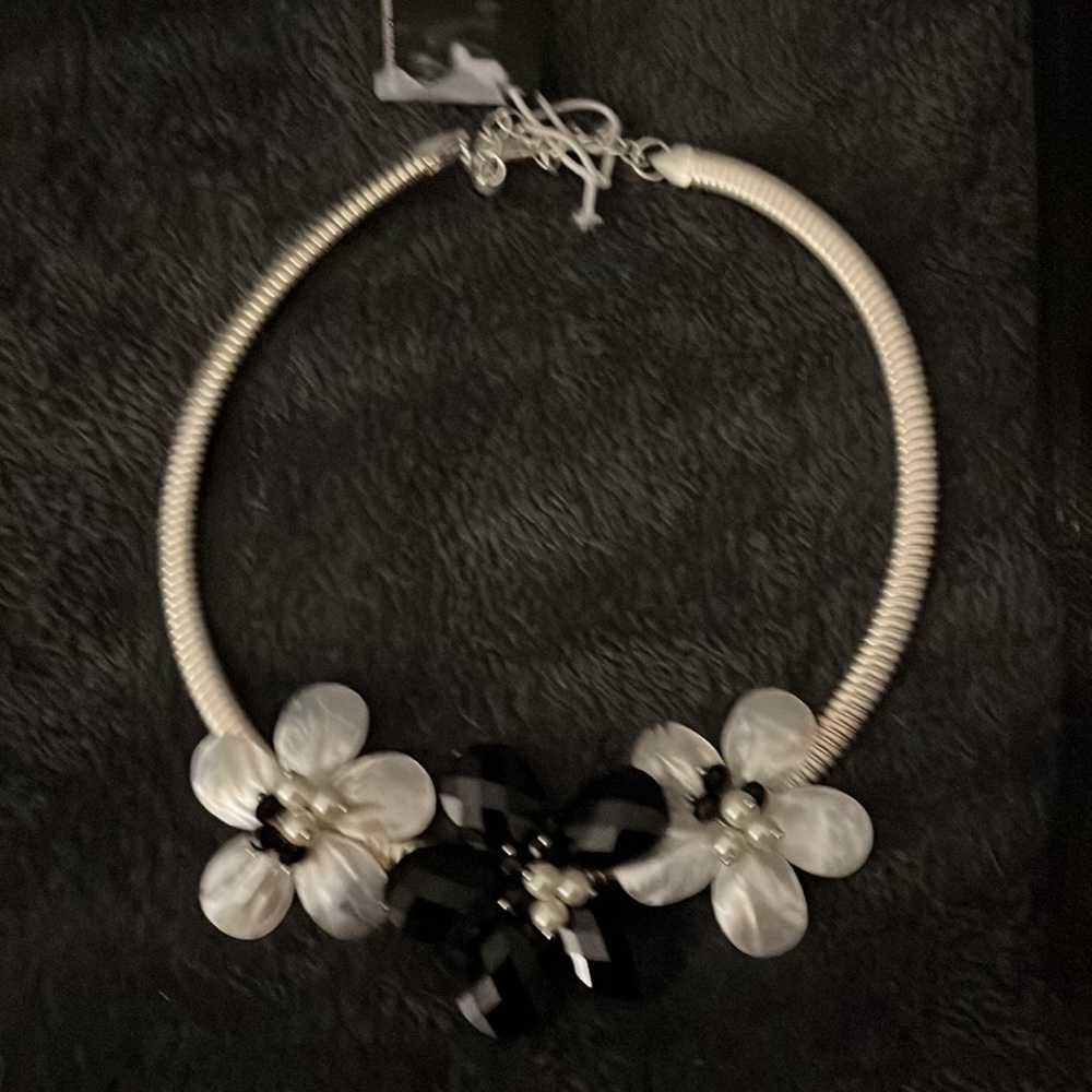 Handmade Mother of Pearl Flower Pendant Necklace w/ Faceted Black Crystal